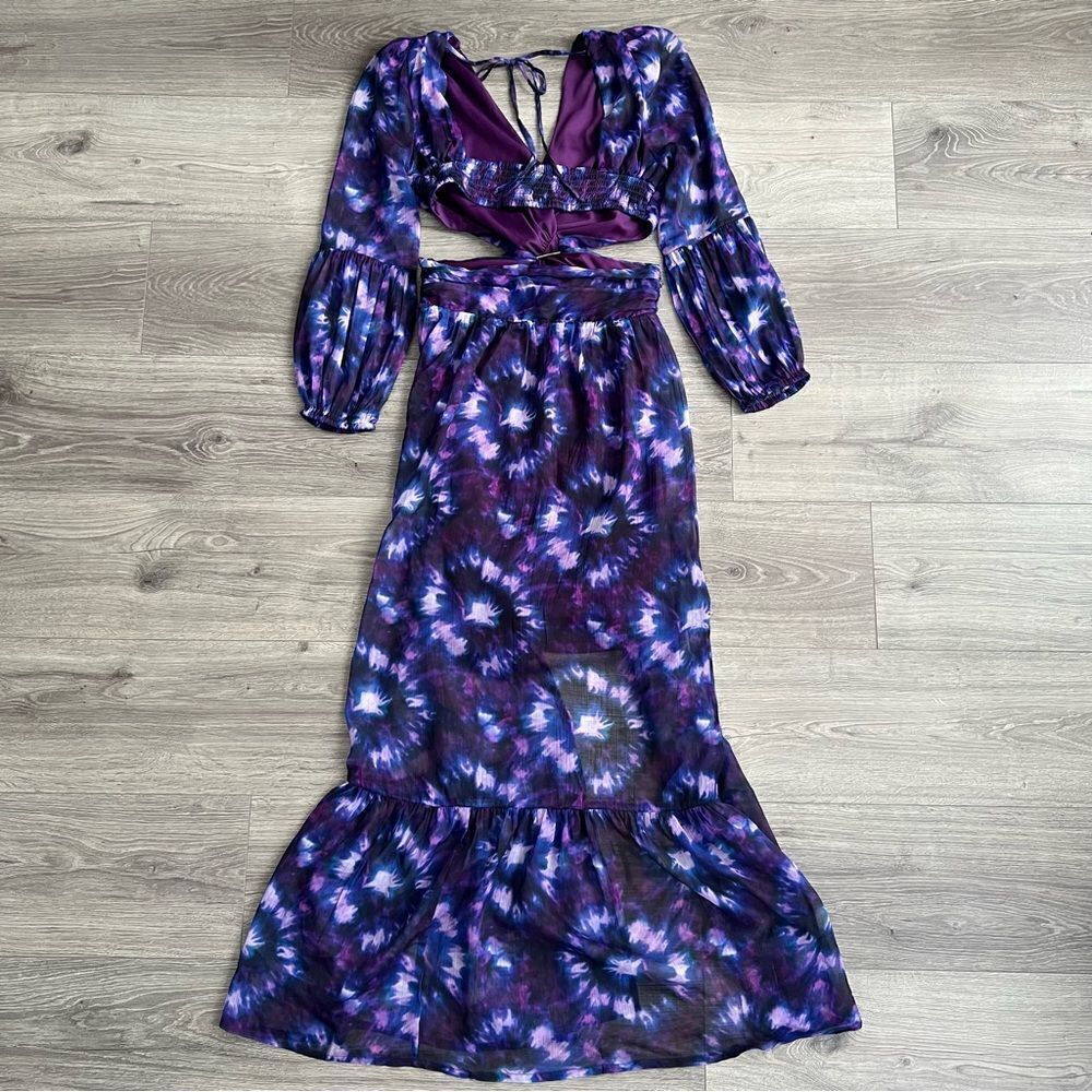 ShopBop RAHI Leila Cut Out Midi Dress Front Slit Chiffon Purple Tie Dye Small - Picture 8 of 12
